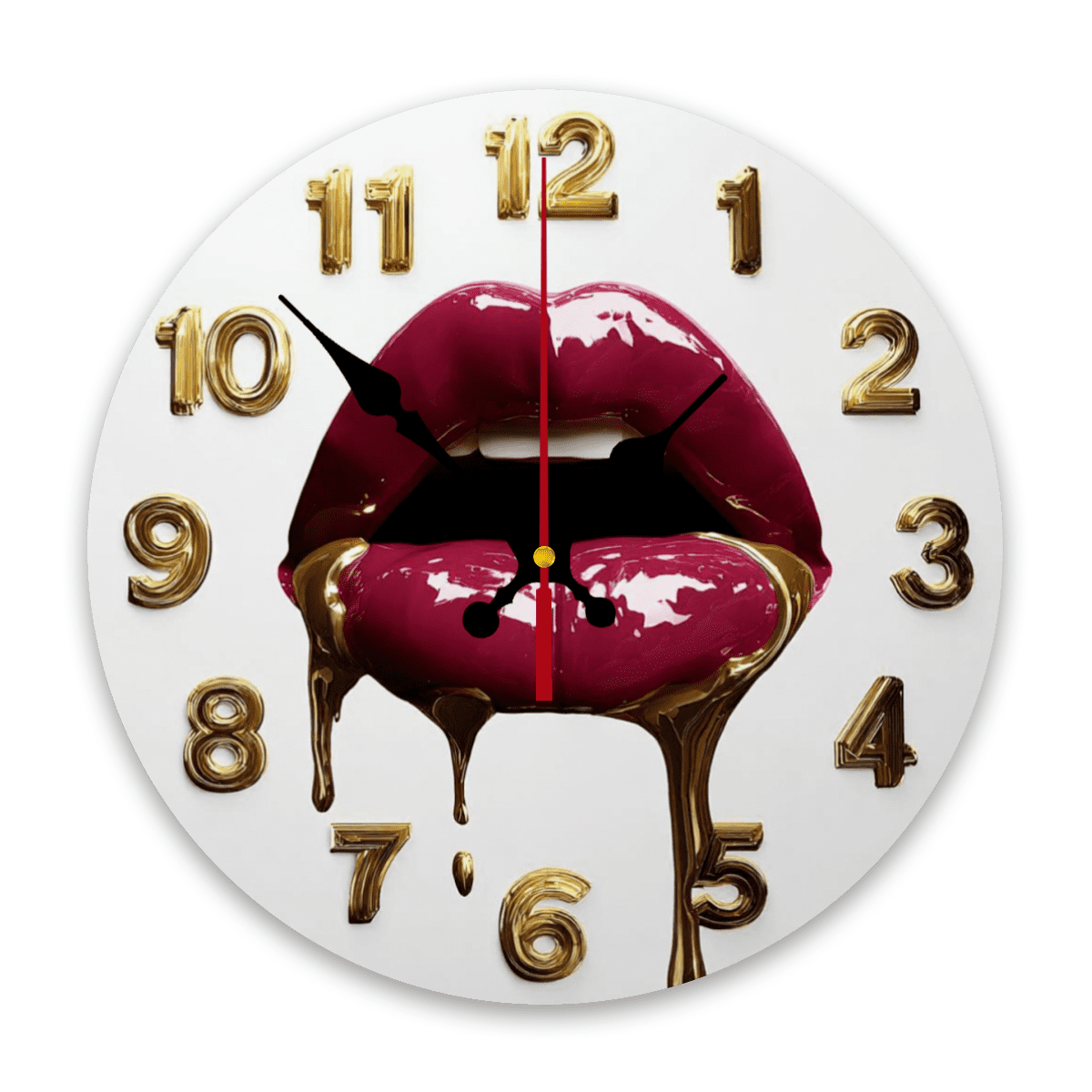 Glossy Red Lips with Golden Accents - Room Wall Clock, 1pc of 10inch Wooden Craft. Bold Pop Art Style Decoration, Suitable for Living Room, Bedroom, Dressing Table Or Hair Salon. Silen