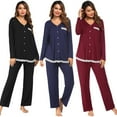 thumbnail image 6 of Xmarks Womens 2 piece Long Sleeve Button Down Pajama Set Casual Solid Color V Neck Tops and Elastic Waist Drawstring Pant, 6 of 6
