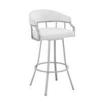 Armen Living Palmdale 30" Swivel White Faux Leather and Silver Metal Bar Stool