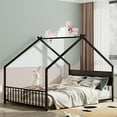 thumbnail image 3 of Full Size House Bed with Roof and Colorful Lights, Metal Bed Frame with Slats and Legs, House Bed for Boy, Girls and Young Teens, No Box Spring Needed (Black), 3 of 8