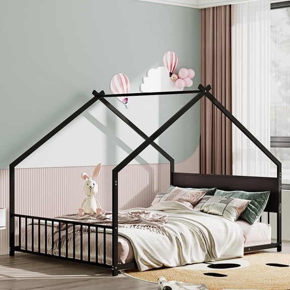 Kumix Full Size House Bed with Roof and Colorful Lights, Metal Bed Frame with Slats and Legs, House Bed for Boy, Girls and Young Teens, No Box Spring Needed,Black