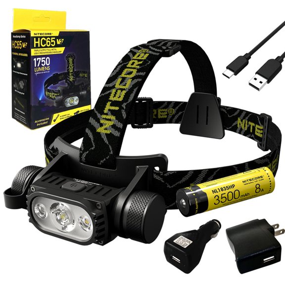Nitecore HC65 V2 Rechargeable Headlamp -1750 Lumens w/ NL1835HP Battery, USB Wall and Car Adapters, and Eco- Sensa USB-C Cable Included
