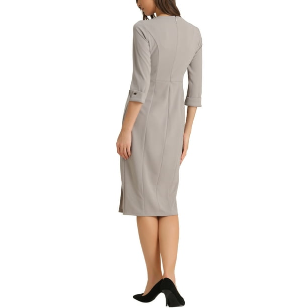 Inspire Chic Women's Sheath Dress Boat Neck 3/4 Sleeves Split Hem Wear-to-Work Midi Dresses Grey XS Inspire Chic Women's Sheath Dress Boat Neck 3/4 Sleeves Split Hem Wear-to-Work Midi Dresses Grey XS