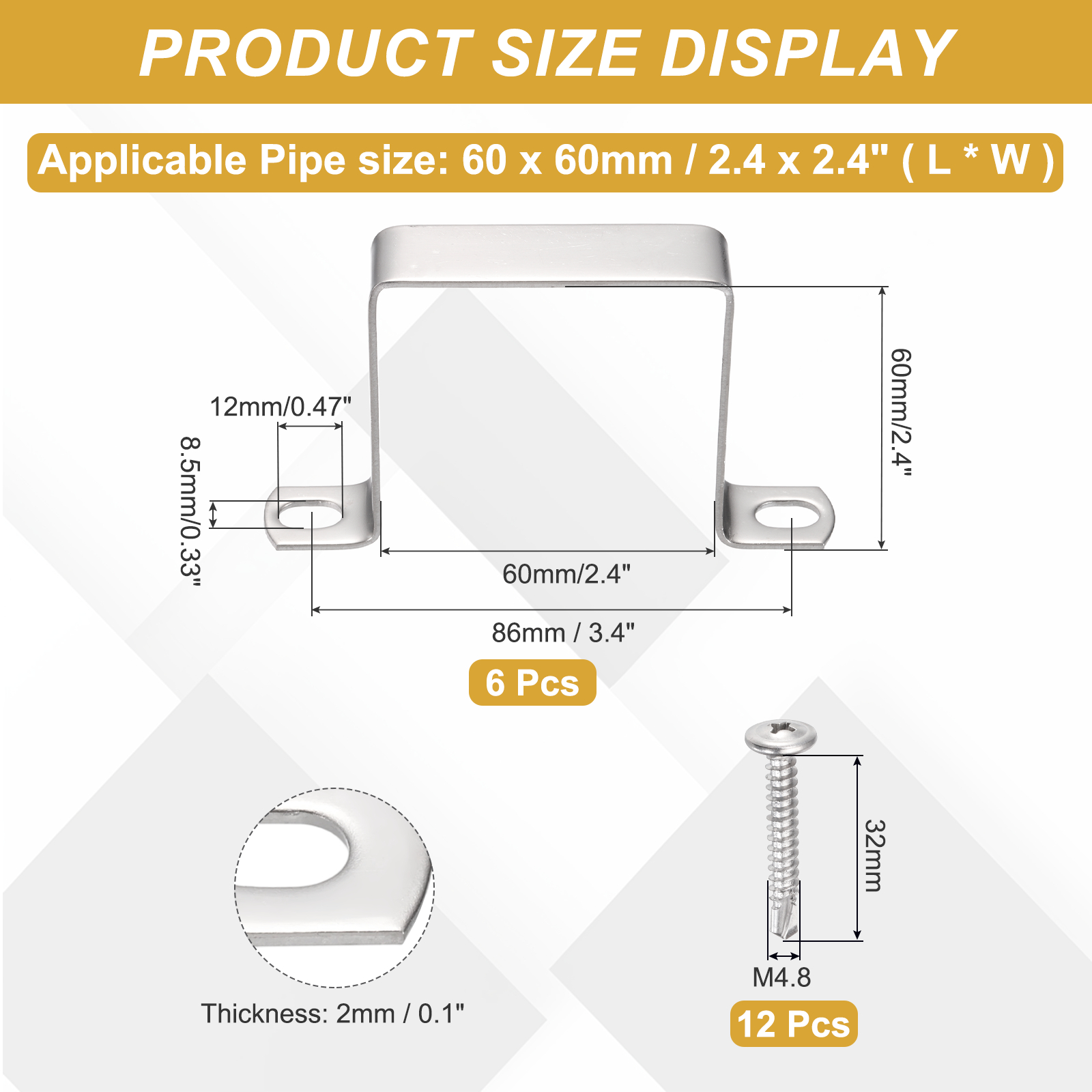 Uxcell 6Pcs U Shape Square Tube Clamp, 60x60mm U Shaped Bracket 304 Stainless Steel Square Strap Clamp with Phillips Head Self Drilling Screws for Pipes Door Closed Bar Holder Railings