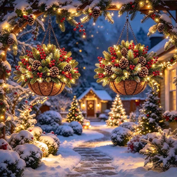 2Pcs Pre-Lit Christmas Hanging Baskets for Outdoors, Artificial Christmas Basket with Pine Cones and Berries, Winter Planter with Lights, for Home, Porch, Front Door, Garden Decoration