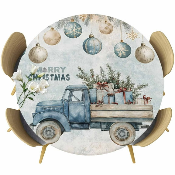 Blue Truck Christmas Round Tablecloth 55-60 Inch Round Fitted Table Cloth with Elastic Edge, Xmas Balls Snowflake Vintage Waterproof Table Cover Protector for Outdoor Picnic Party Dining
