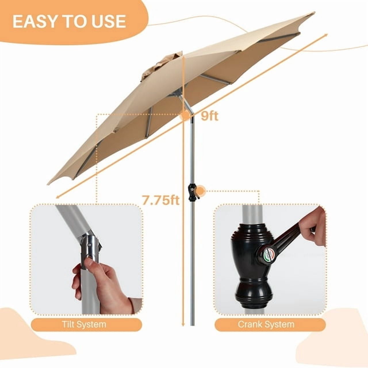 Outdoor Patio Umbrella,9' Outdoor Table Umbrella, Yard Umbrella, Market Umbrella with 8 Sturdy Ribs, Push Button Tilt and Crank, Khaki