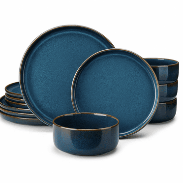 12 Piece Blue Ceramic Plate Set – Reactive Glaze Tableware with Dinner Plates, Bowls & Dessert Plates