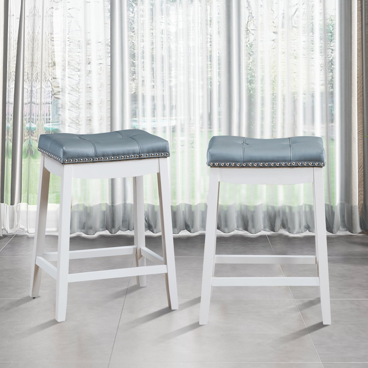 Topbuy 4PCS Saddle Bar Stools Backless Nailhead Counter Stool with Grey Cushions White