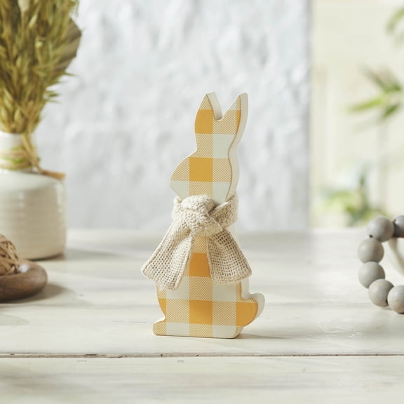 VHC Brands Bunny Hop MDF All Ears Honey Check Bunny in Burlap Scarf 3.5x8, Spring Decorations, Home and Table Decor, Spring and Easter Figurines