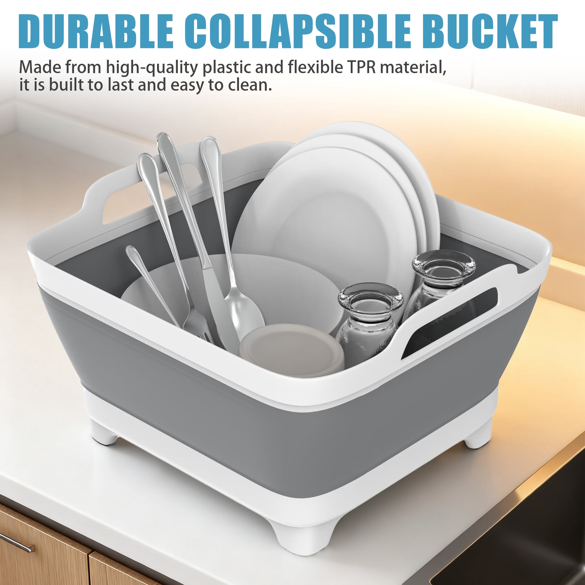 Collapsible Dish Tub, 9L Foldable Washing Basin With Drain Plug and Handles, Space-Saving Plastic Sink Basin for Kitchen, Camping, Laundry