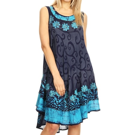 - Sakkas Anabel Women's Short Flowy Caftan Tank Dress Cover up Light Swing A-line - Navy / Turq - One Size Regular