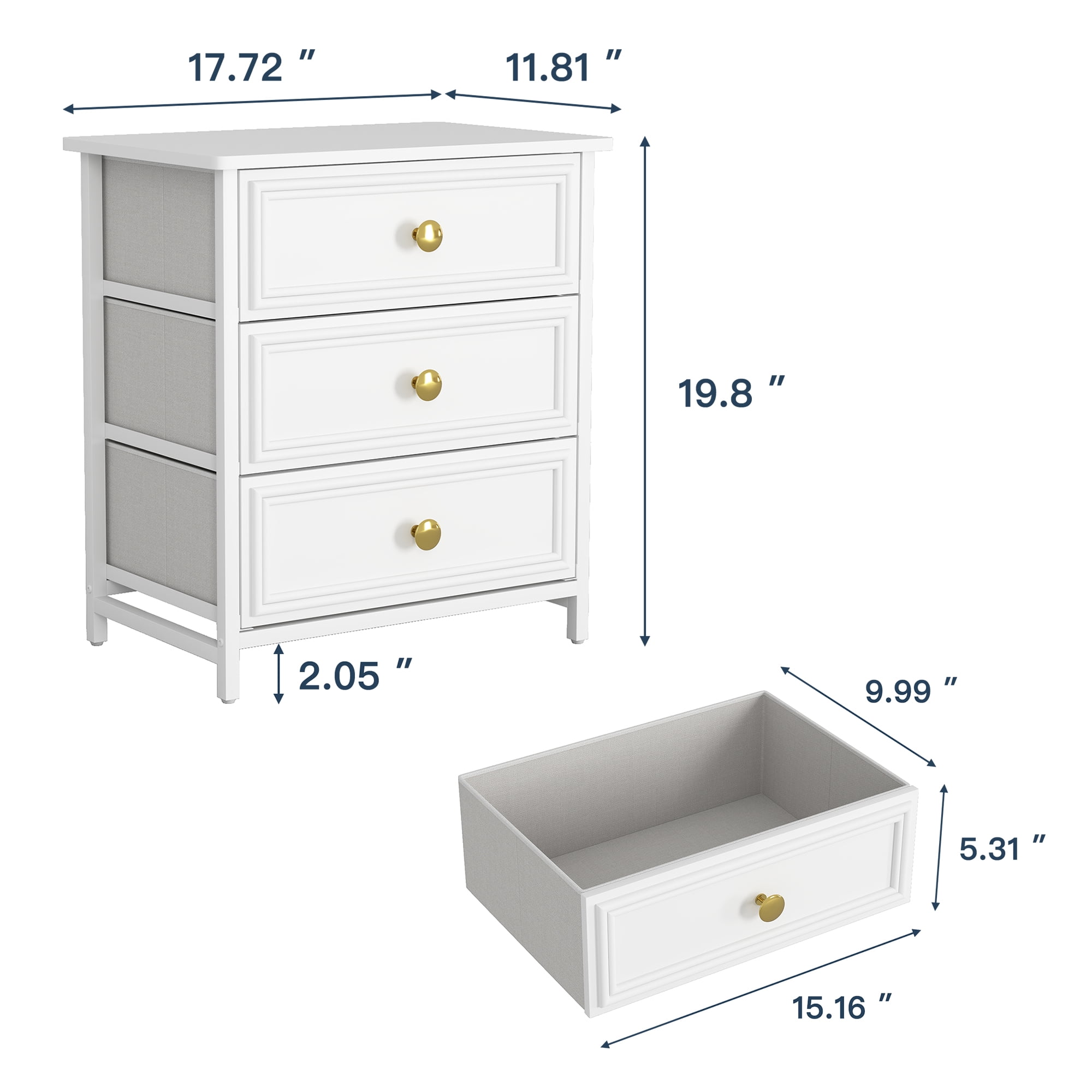 Demi Bonn Nightstand Set of 2, Bedside Table with 3 Decorated Drawers, Wood Accent Side End Table with Storage for Bedroom, Black, White