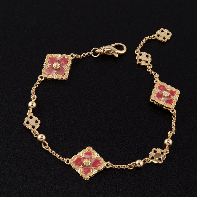 Pulsera de oro de 18 quilates con trébol de cuatro hojas y tres flores, joyería vintage para niñas