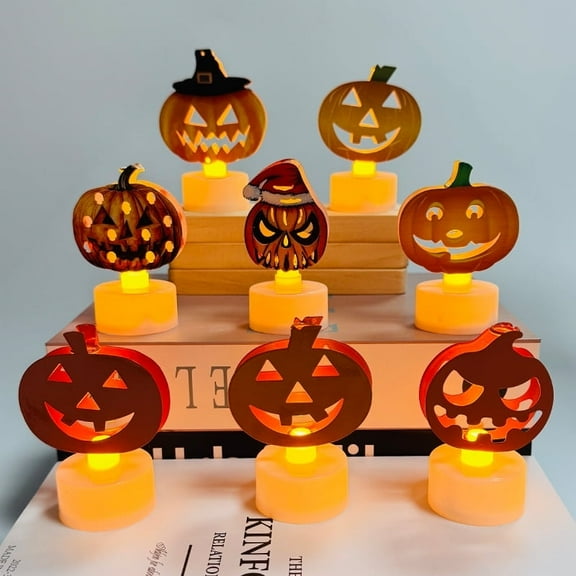 Halloween Pumpkin Flameless Candle Lights, 8-piece LED Pumpkin Lights Powered by Batteries, Jack-O'-Lantern Tea Light Candles Suitable for Autumn Halloween Decorations