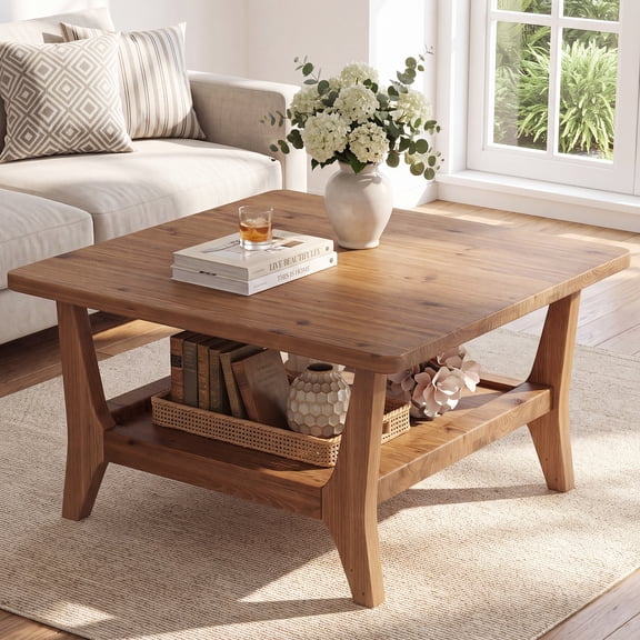 Finmind Solid Wood Coffee Table, Natural Brown Wood Coffee Table, 31.5-Inch Square Center Table with 2-Tier Storage