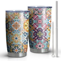20oz Tumblers Blue Boho Bohemia Floral Geometric Pattern Stainless Steel Vacuum Insulated Double Wall Travel Tumbler Cups Mug with Lid and Straw,Cleaning Brush for Cold & Hot Drinks