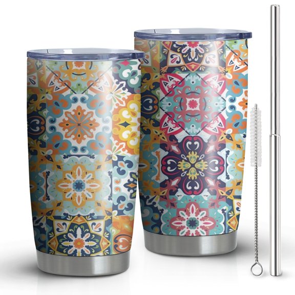 20oz Tumblers Blue Boho Bohemia Floral Geometric Pattern Stainless Steel Vacuum Insulated Double Wall Travel Tumbler Cups Mug with Lid and Straw,Cleaning Brush for Cold & Hot Drinks