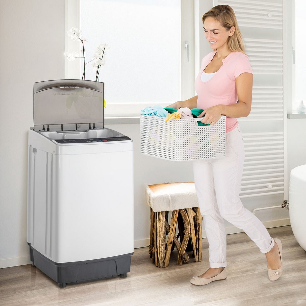 Full Automatic Washing Machine, ZPL 17.6lbs Compact Washer, 2 in 1 Portable Laundry Washer Spin with Drain Pump, Energy Saving Top Load Washer for Apartment Dorm