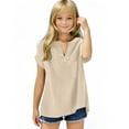 thumbnail image 2 of Jinhomg Girls Summer Beach Shirts Loose Fit Cotton Linen Vacation Blouses Casual Comfy Short Sleeve V-Neck Tunic Tops with Pocket 2025 Vacation Outfit Beige 5 Years, 2 of 6