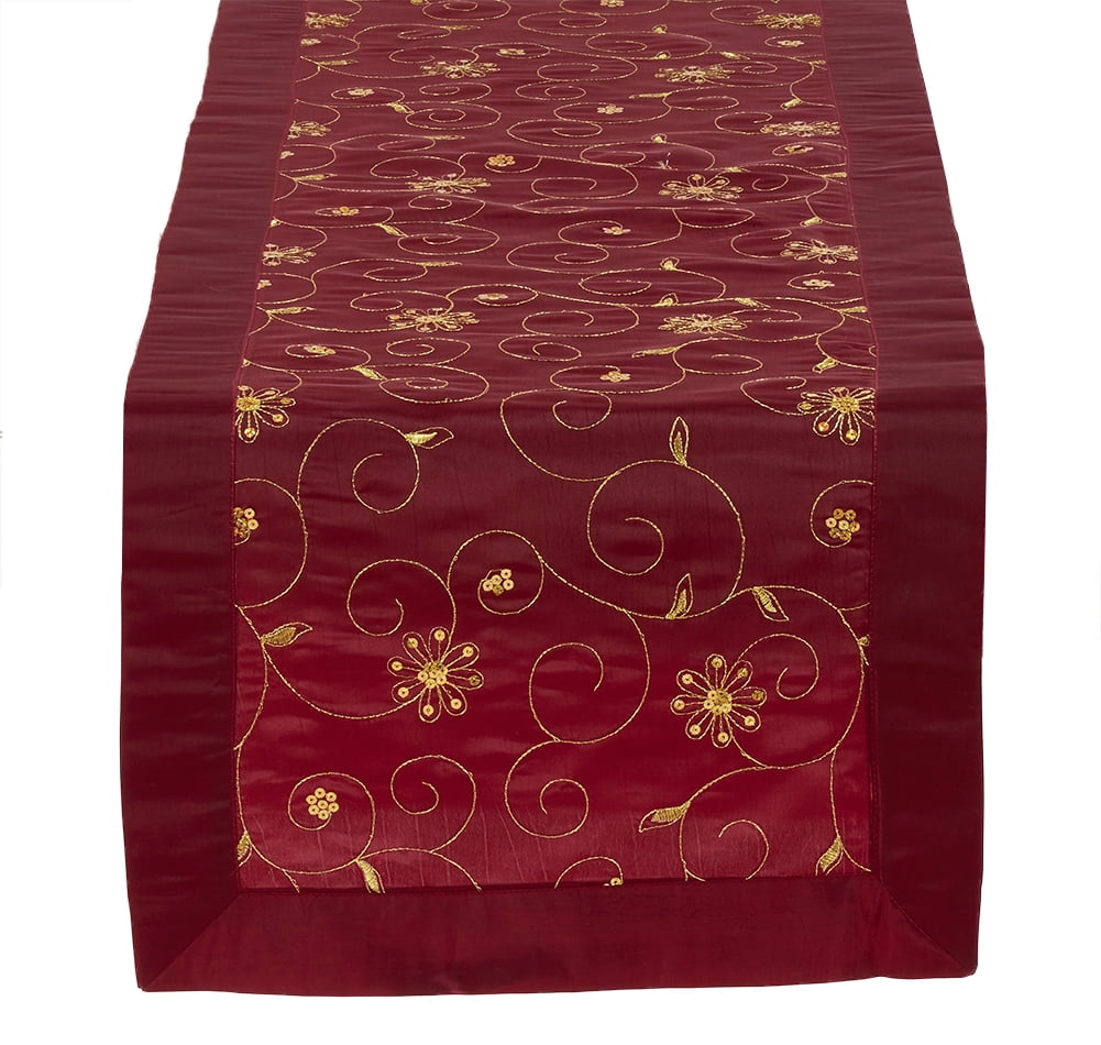 Holiday Gold Embroidery Sequined Burgundy Table Runner, 16"X90
