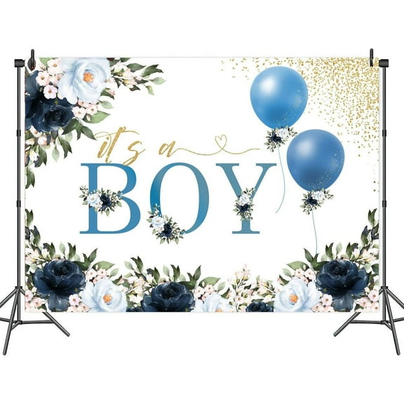 7 x 5 ftBoy Baby Shower Backdrop Its A Boy Banner Gender Reveals Blue Floral Ballon Boy Baby Shower Party Decorations Gold Dots Cake Table Decoration