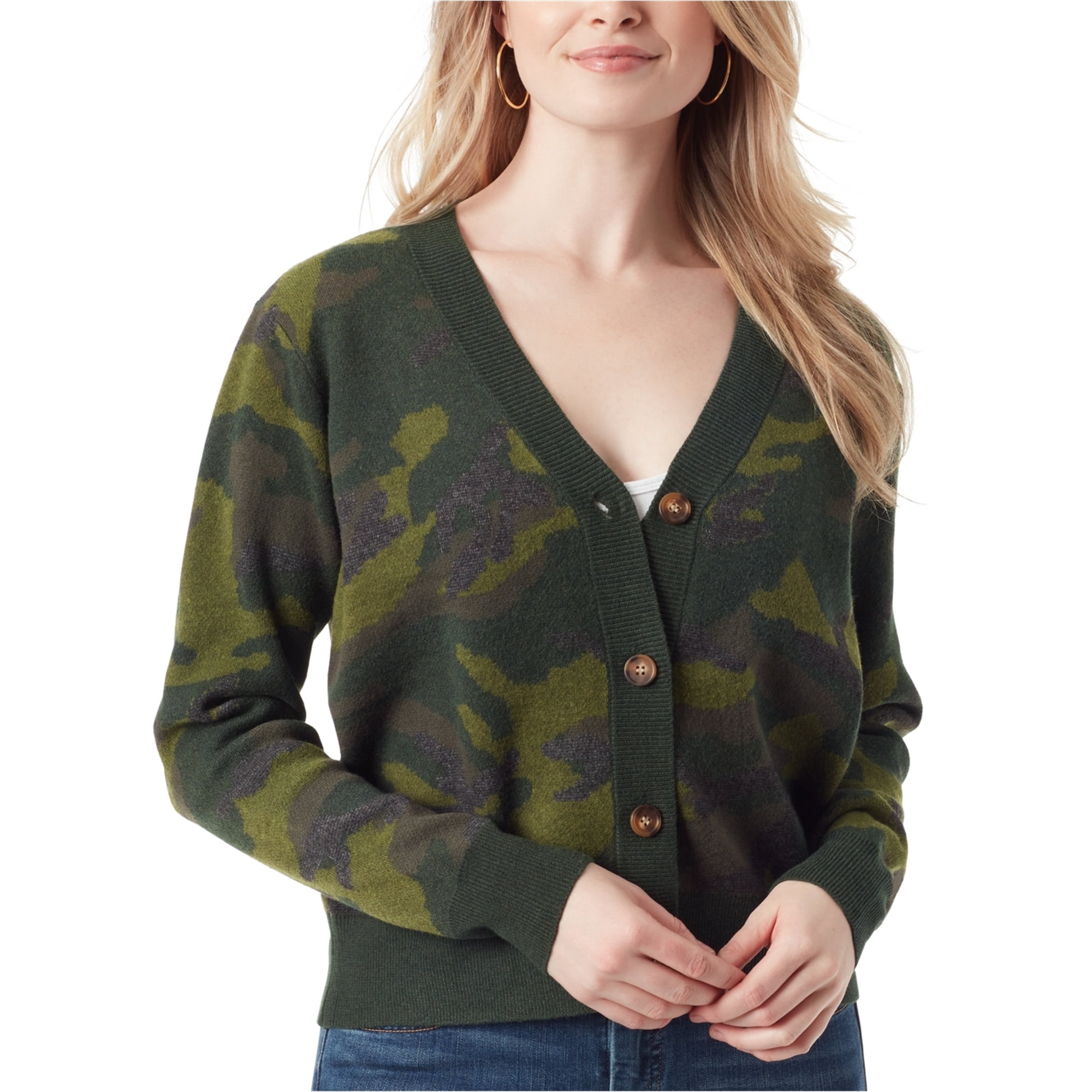 Jessica Simpson Womens Camo Cardigan Sweater, Green, Large