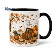 Camping Ghost Mug, Cute Fall Picnic Ceramic Coffee Cup for Campfire Sips, Halloween Camper Gift