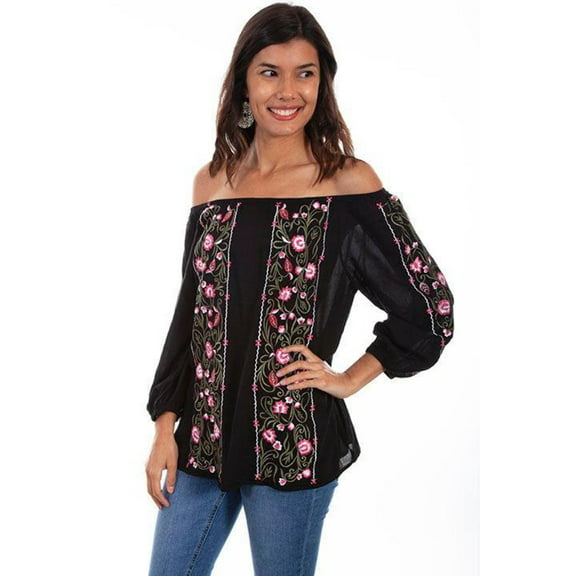 Scully HC568-BLK-M Women Bold Stripe Embroidered Blouse, Black - Medium