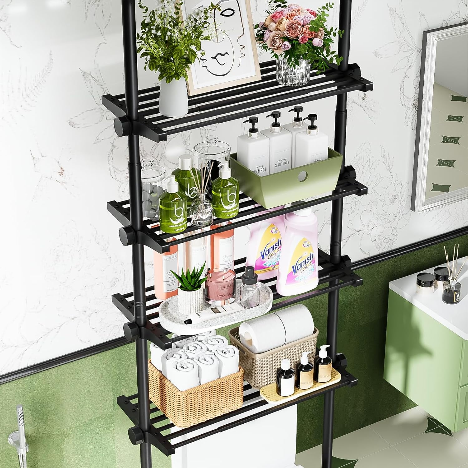 Over The Toilet Storage Shelf, 4-Tier Adjustable Bathroom Organizer, No Drill Tension Mounted Shelves, Space-Saving Bathroom Cabinet Rack Above Toilet for Small Rooms, Black