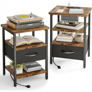 Nightstand with Charging Station, 23.6Inch Side Table with Fabric Drawer, Storage Side Table for Bedroom, Gray