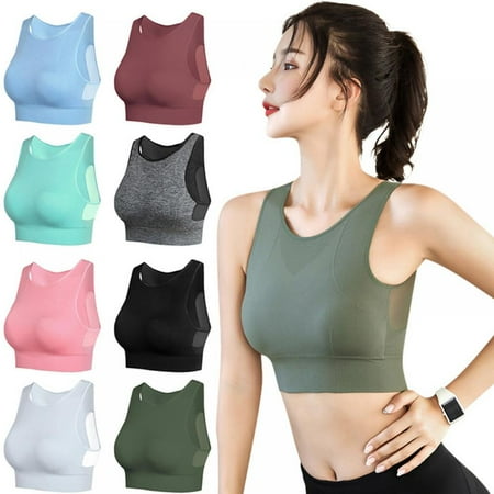 

SUPERHOMUSE Women Sports Bras Tops Vest Breathable Mesh Shockproof Padded Athletic Running Bra Solid Seamless Fitness Green M