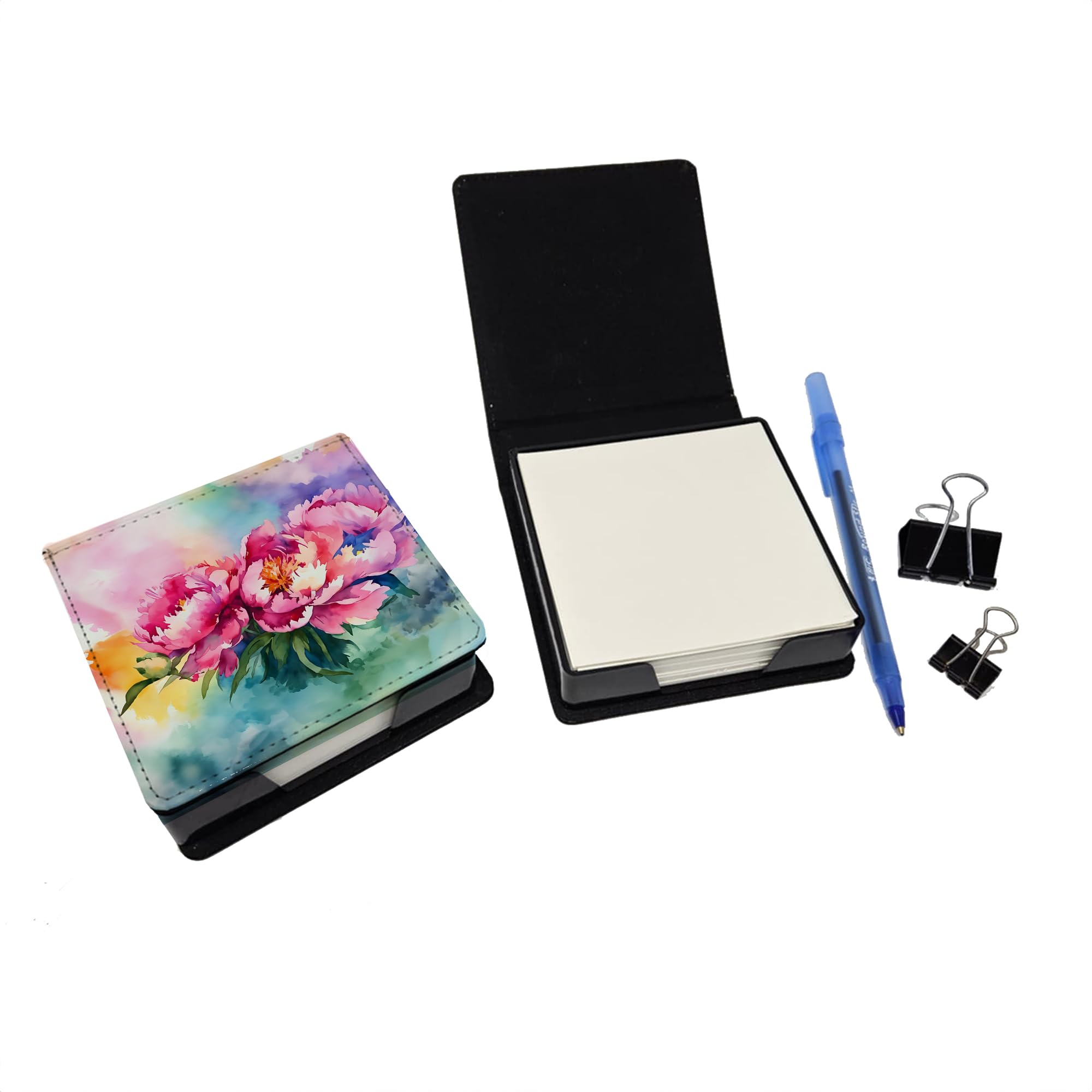 Caroline's Treasures Peonies in Watercolor PU Leather Note Paper Holder with Artist-Designed Cover, Desk Accessory, Office Gift