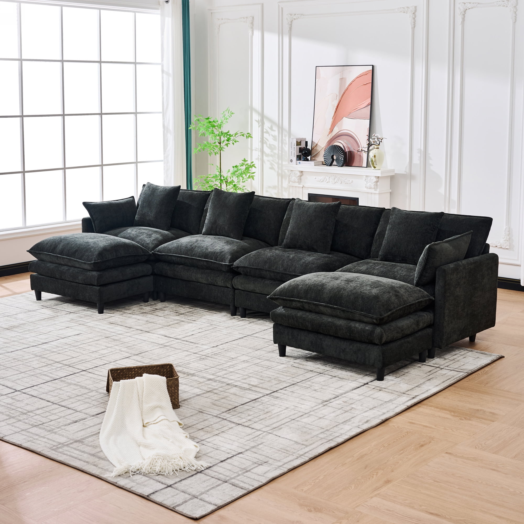 U-Shaped Modular Sectional Sofa with 2 Movable Ottomans and 6 Cushions, 140.9-Inch Soft Chenille Fabric Corner Couch for Living Room, Black