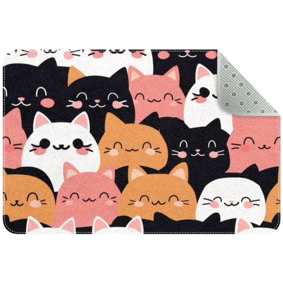 Cute Cat Faces Seamless Small Area Rug, Non-Slip Door Mat Indoor Floor Mat, Washable Kitchen Rug Entrance Door Mat for Bedroom Living Room