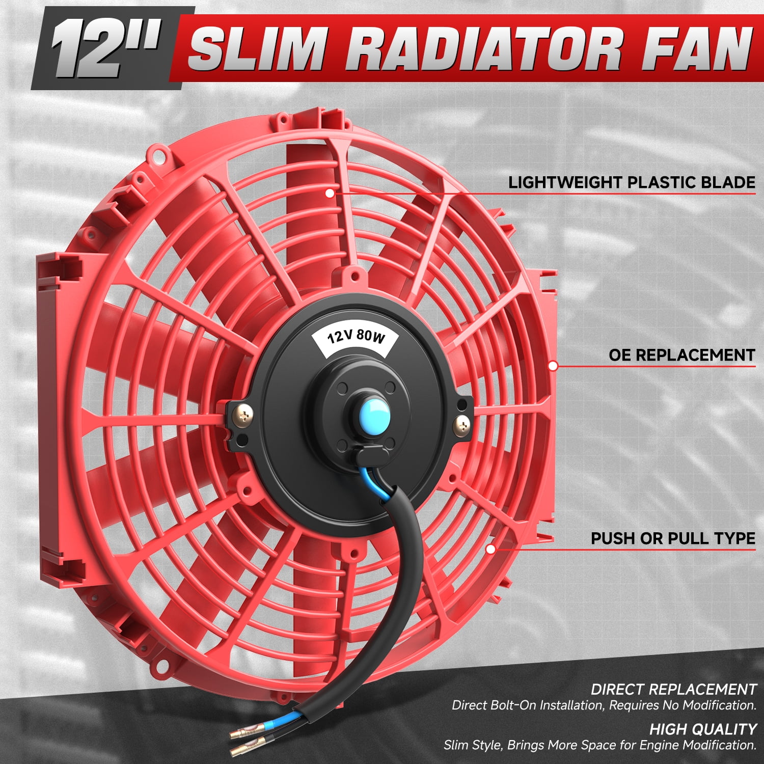 DNA Motoring 12 Inch Universal Slim Pull/Push Radiator Engine Bay Cooling Fan + Mounting Kit Red