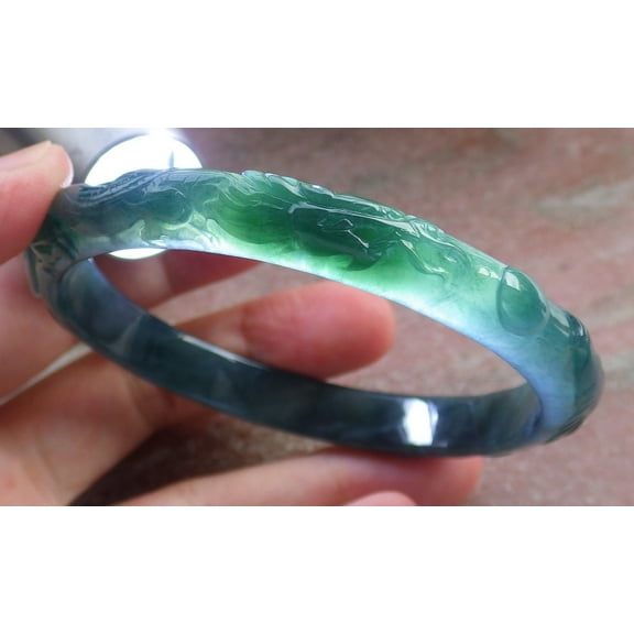 Certified Icy Green Burma 100% Natural A JADE Jadeite Dragon Phoenix Bangle Bracelet 61 mm 675512 TN