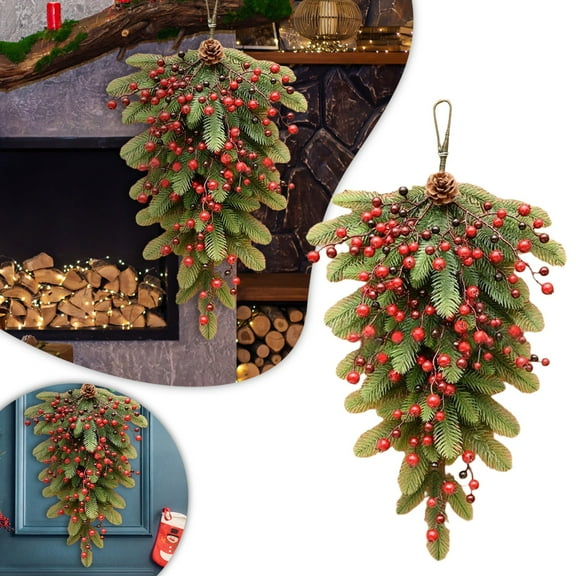 Winter Greenery Swag for Front Door - 23.6 Inch Christmas Teardrop Swag with Red Berries, Pinecones & Red Balls, Farmhouse Holiday Decor for Wall Window Indoor Outdoor Wedding