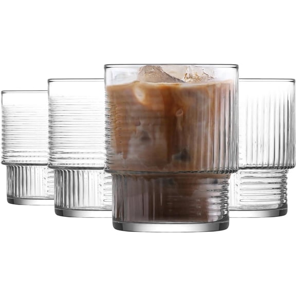 LAV Vintage Soft Drink Glass Set of 4 – 10.9 oz Ribbed Tumblers, Iced Tea, Iced Coffee, Water, Milk, Mocktails, Cold Brew, Durable, Lead-Free, Eco-Friendly Glassware, Home, Bar - Aesthetic, Elegant