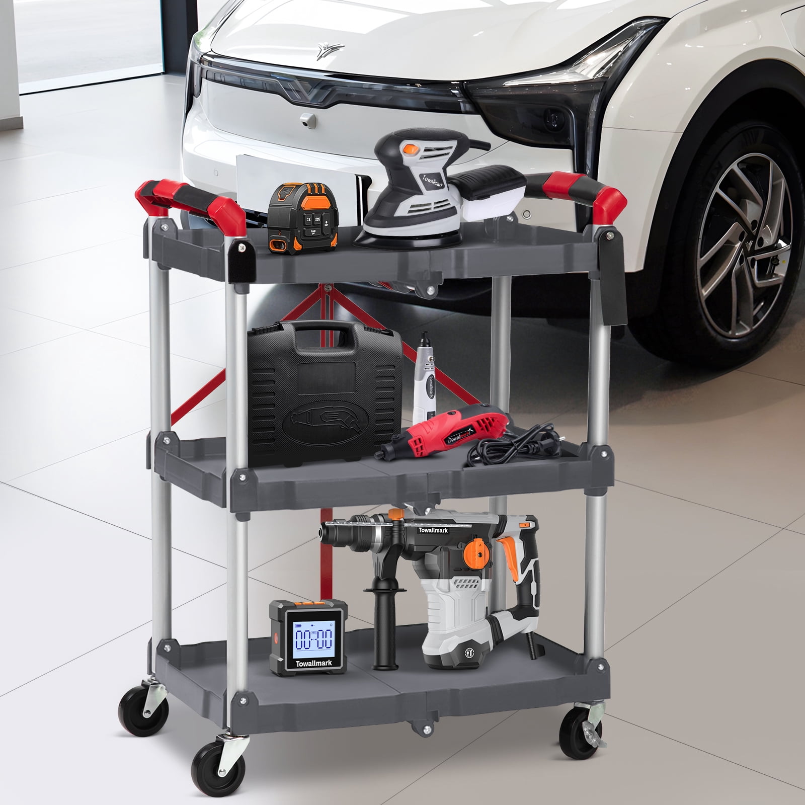 M optimized Folding Utility Service Cart, Collapsible Cart with Wheels, 3 Tier Rolling Utility Cart, Folding Cart with Wheels Collapsible, Service Cart for Tool, Grocery, Kitchen, Office