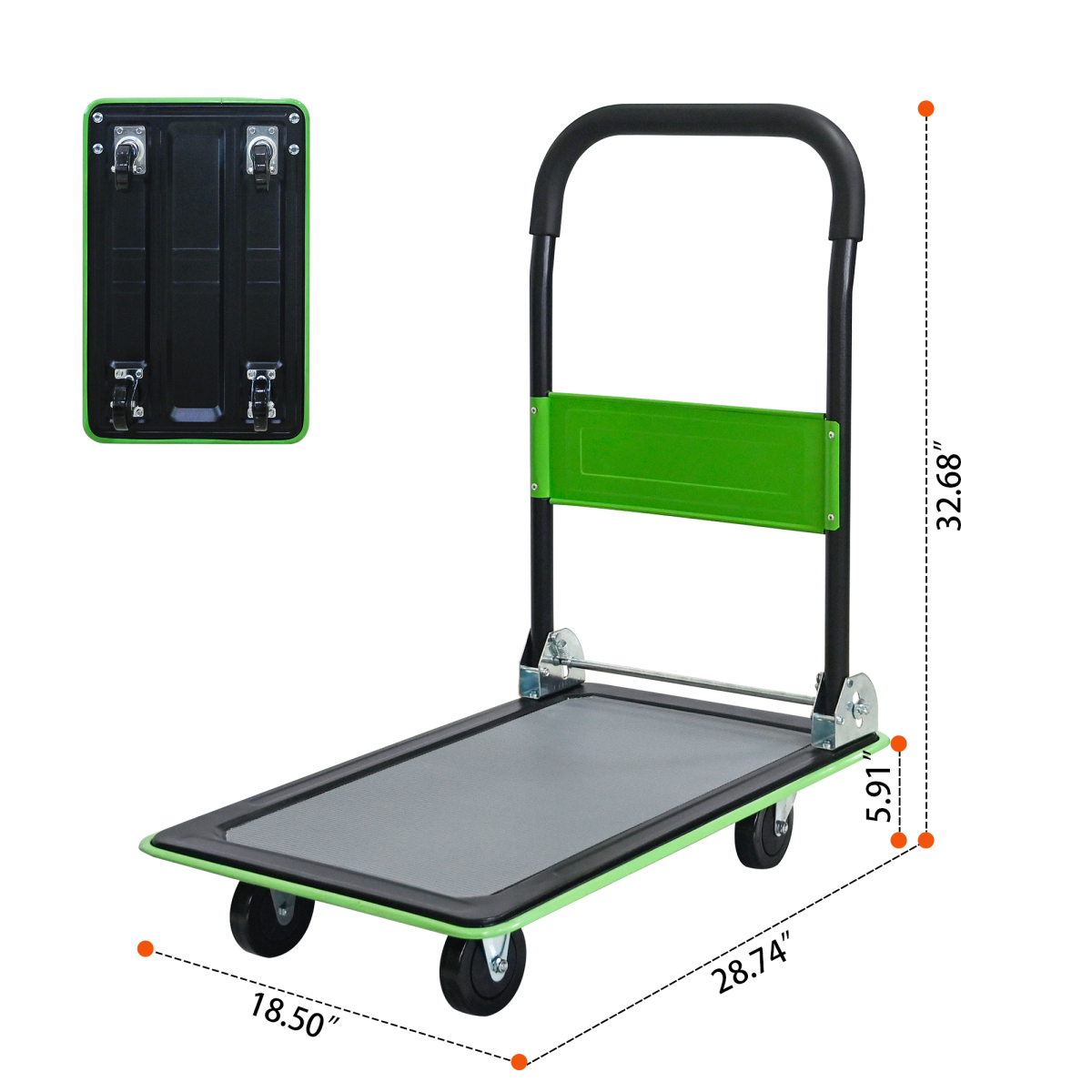 Flatbed Cart, 330lbs Heavy Duty Capacity Platform Hand Truck 360 Degree Swivel Wheels Foldable Push Hand Cart for Loading and Storage, Warehouse-Green