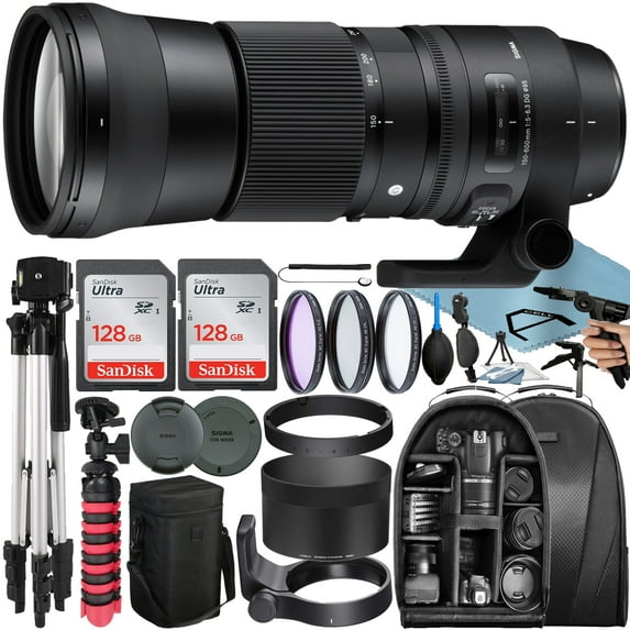 Sigma 150-600mm F/5-6.3 DG OS HSM Contemporary Lens for Nikon F with 2 Pack 128GB SanDisk Memory Card + Tripod + Backpack + A-Cell Accessory Bundle