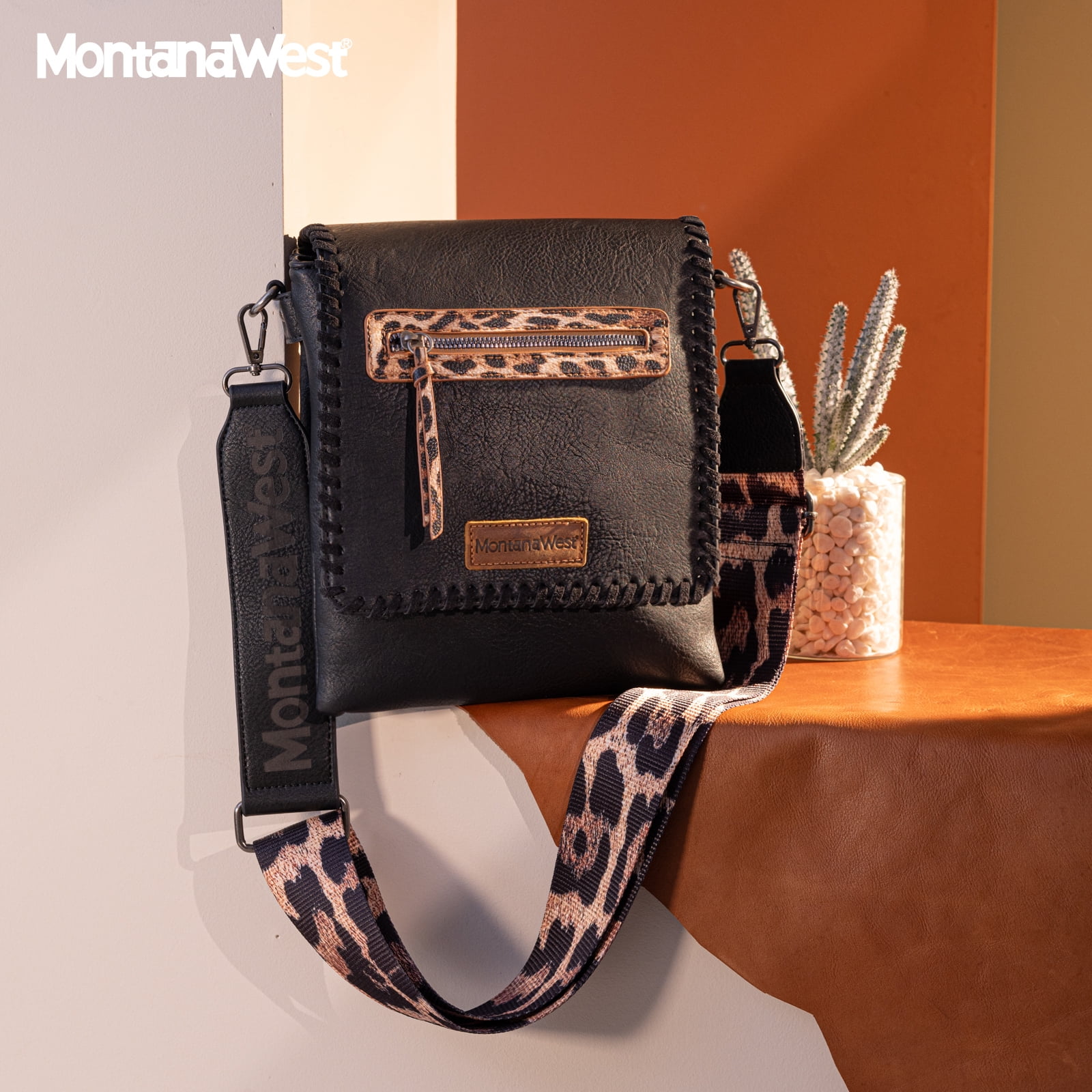 Montana West Crossbody Bags for Women with Dual Compartments Western Crossbody Purse with Leopard Print Guitar Strap, Black