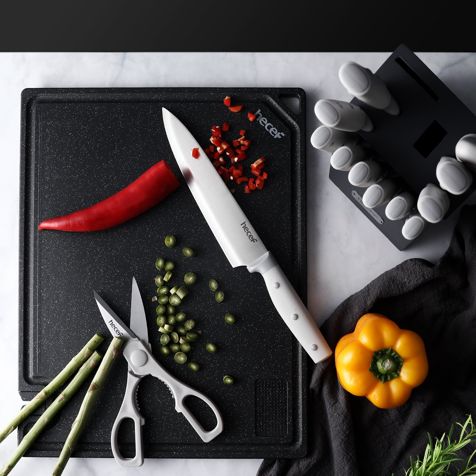 Hecef 14-Piece Gray Knife Set with Block and Sharpener, Anti-Rust Stainless Steel Kitchen Knife Set for Chefs