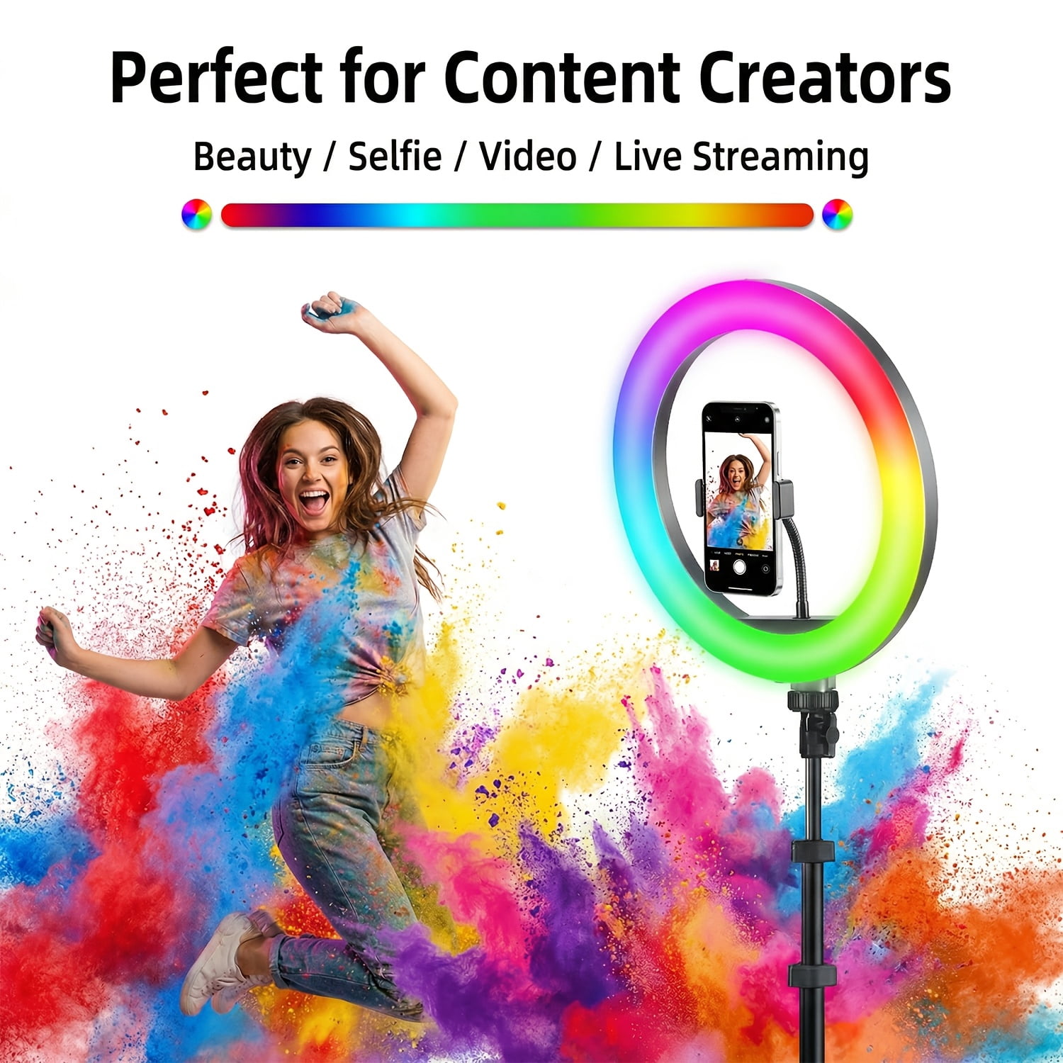 12" Ring Light with Stand, 63.3" Tall, Phone Holder, 3 CCT & RGB Modes, Adjustable LED Tripod for Makeup, Streaming, Photography, TikTok