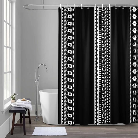 Boho Geometric Shower Curtain for Bathroom Decor, Bohemian Abstract Art Tribal Black Waterproof Fabric Shower Curtain, 36"x78" Set with 12 Hooks