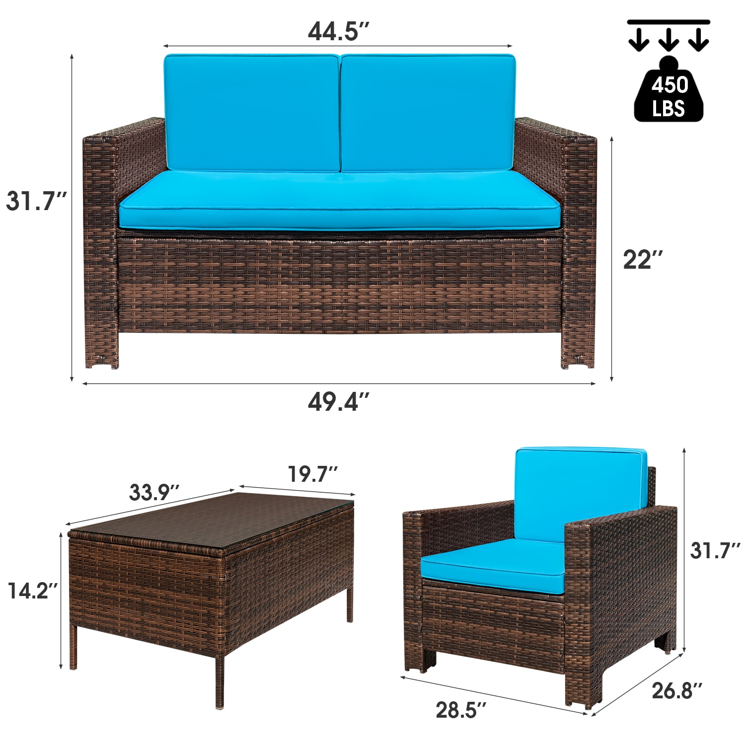 Devoko 4 Pieces Patio Conversation Set PE Rattan Wicker , Blue