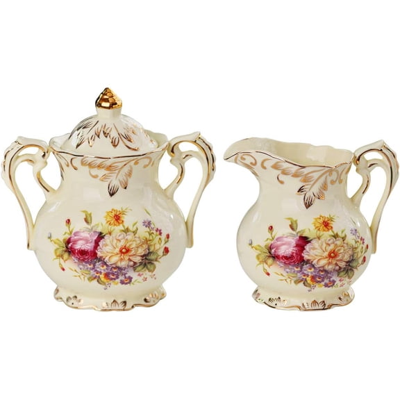 GBBG Ceramic Sugar and Creamer Set, Vintage Ivory Flowering Shrubs Golden Leaves Edge Porcelain Creamer Sugar Bowl with Lid Coffee Server Set Gifts