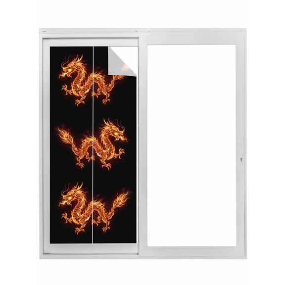 Dragon Flames Window Privacy Film, Orange Dragons Abstract Modern Art Static Cling UV Sun Blocking Tint Film Heat Control Windows Films for Bedroom Bathroom, Window Stickers 17.7"x39.3"