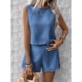 thumbnail image 2 of Womens 2 Piece Summer Linen Outfits Short Sets Round Neck Sleeveless Tank Top Elastic High Waisted Shorts Blue M, 2 of 8